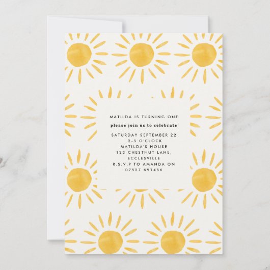 Invitation soleil 1er anniversaire aquarelle soleil jaune mod (Dos)