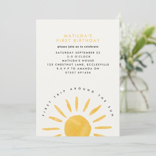Invitation soleil 1er anniversaire aquarelle soleil jaune mod (Debout devant)