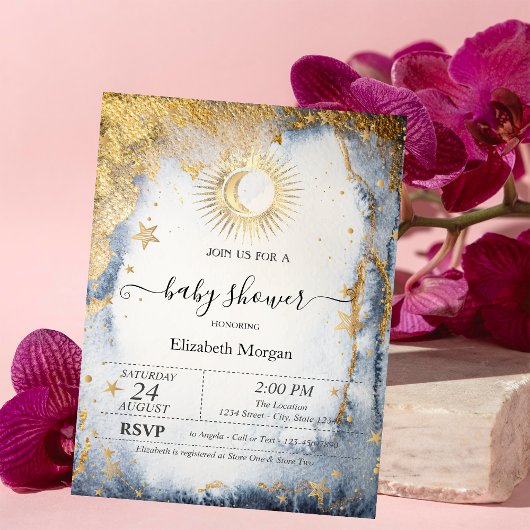 Invitation Soleil céleste cool, Lune, Etoiles Aquarelle