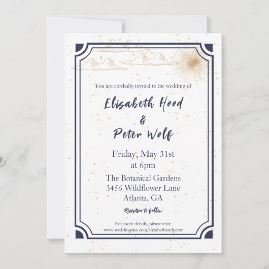 Invitation Soleil céleste et étoiles en or et Mariage Plum fo (Devant)