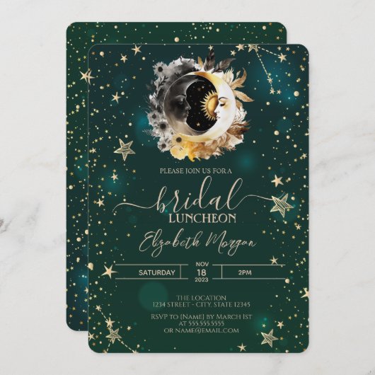 Invitation Soleil Céleste Et Fleurs Lune Étoiles Vert (Devant / Derrière)