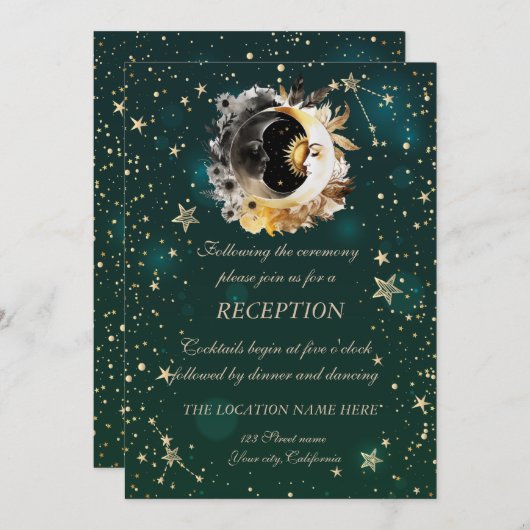 Invitation Soleil Céleste Et Fleurs Lune Étoiles Vert (Devant / Derrière)