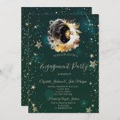 Invitation Soleil Céleste Et Fleurs Lune Étoiles Vert (Devant / Derrière)
