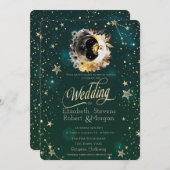 Invitation Soleil Céleste Et Fleurs Lune Étoiles Vert (Devant / Derrière)