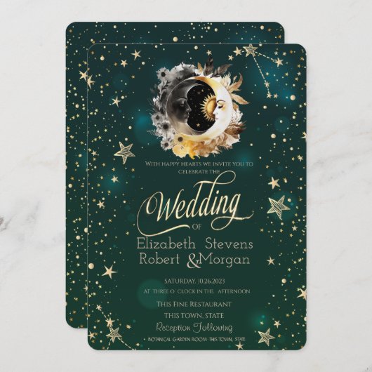 Invitation Soleil Céleste Et Fleurs Lune Étoiles Vert (Devant / Derrière)