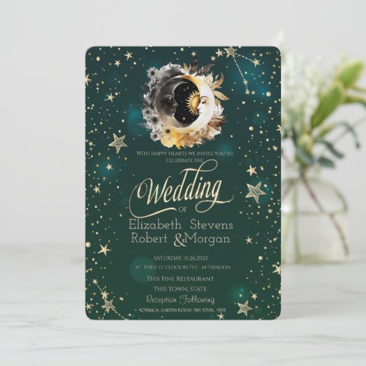 Invitation Soleil Céleste Et Fleurs Lune Étoiles Vert (Debout devant)