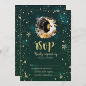 Invitation Soleil Céleste Et Fleurs Lune Étoiles Vert RSVP (Devant / Derrière)