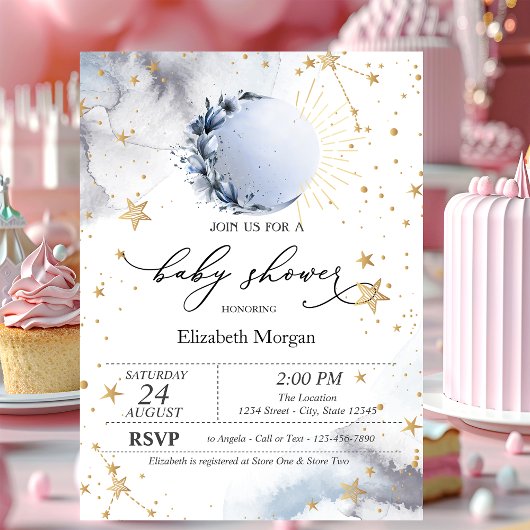 Invitation Soleil céleste, Lune bleue, Baby shower des étoile