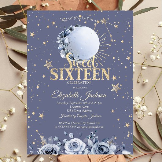 Invitation Soleil céleste, Lune bleue Étoiles Pastel Sweet 16
