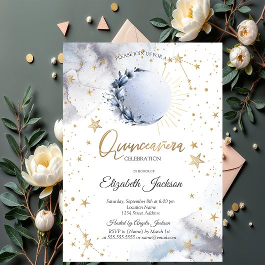 Invitation Soleil céleste, Lune bleue, Etoiles Quinceanera Fl