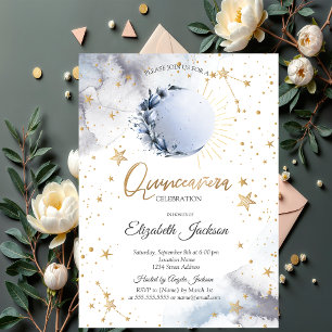 Invitation Soleil Céleste, Lune Bleue, Fleur d'Étoiles Quince