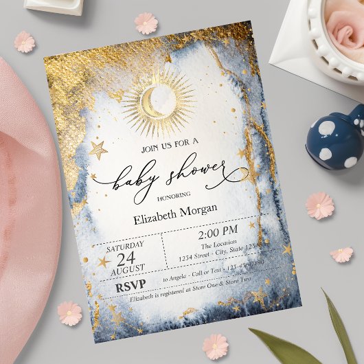 Invitation Soleil céleste, Lune, Etoiles Baby shower aquarell