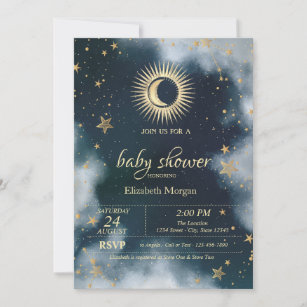 Invitation Soleil céleste, Lune, Étoiles Baby shower Ciel noc