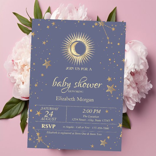 Invitation Soleil céleste, Lune, Étoiles Baby shower Pastel