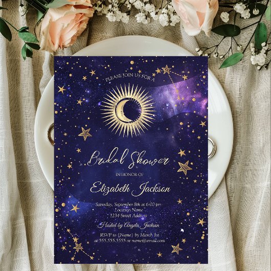 Invitation Soleil céleste, Lune, Étoiles Fête des mariées vio