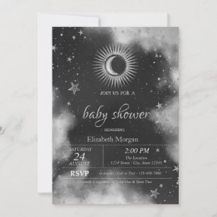 Invitation Soleil céleste, Lune, Étoiles Gris Baby Shower