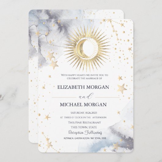 Invitation Soleil céleste, Lune, Étoiles Mariage (Devant / Derrière)