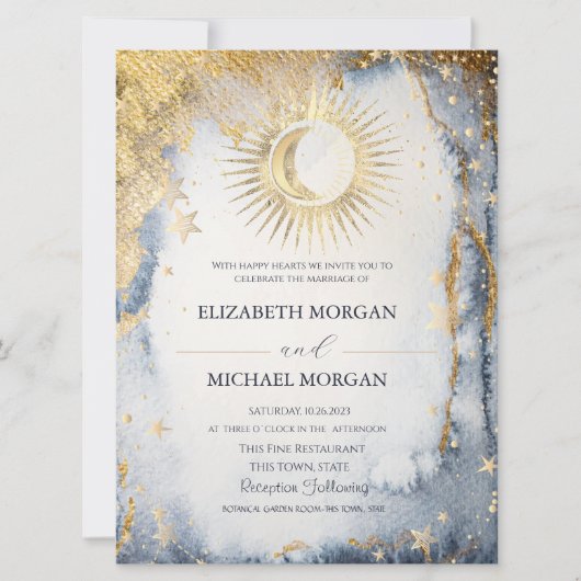 Invitation Soleil céleste, Lune, Étoiles Mariage aquarelle (Devant)