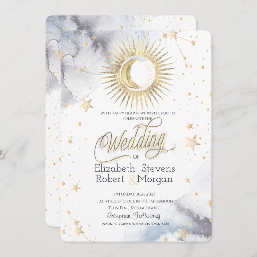 Invitation Soleil céleste, Lune, Étoiles Mariage chic (Devant / Derrière)