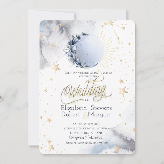 Invitation Soleil Céleste Or, Lune Lune, Étoiles Mariage (Devant)