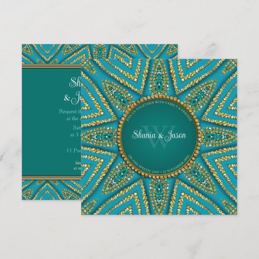Invitation Soleil de Bohême orientale Or et Teal Étincelle (Devant / Derrière)