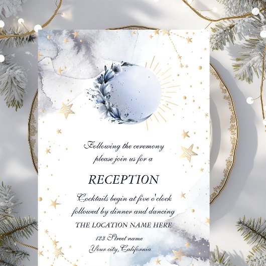 Invitation Soleil doré céleste, Lune bleue, Étoiles dorées