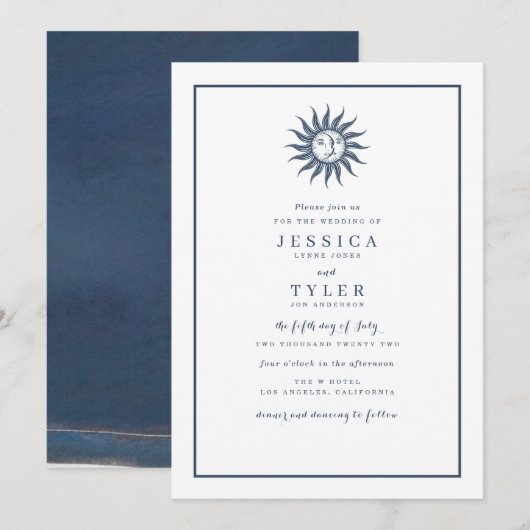 Invitation Soleil et Lune Célestes Bleu (Devant / Derrière)