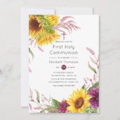 Invitation Soleil et Plum Bourgogne Floral Sainte Communion (Devant)