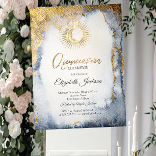 Invitation Soleil, Lune, Etoiles Aquarelle Or Quinceanera