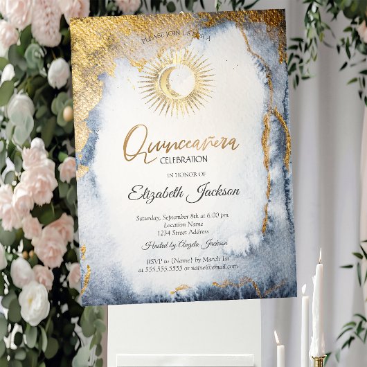 Invitation Soleil, Lune, Etoiles Aquarelle Or Quinceanera