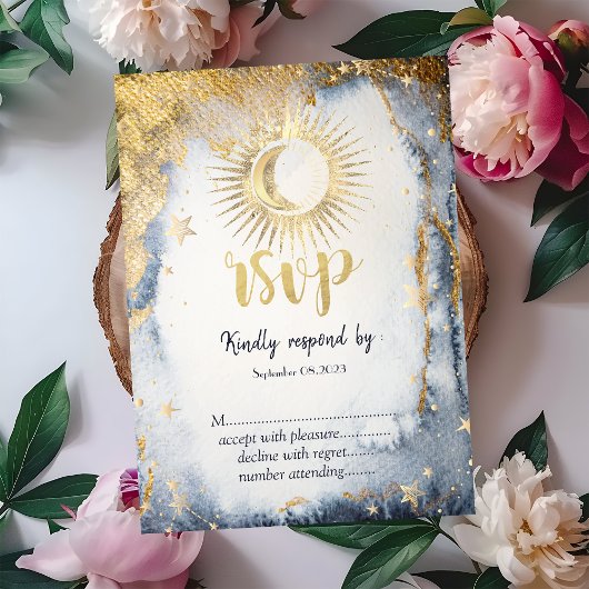 Invitation Soleil, Lune, Etoiles Aquarelle RSVP