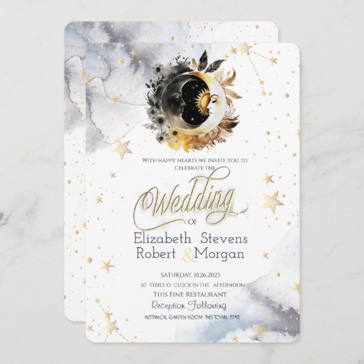 Invitation Soleil, Lune, Etoiles Fleurs Mariage (Devant / Derrière)