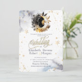 Invitation Soleil, Lune, Etoiles Fleurs Mariage (Debout devant)