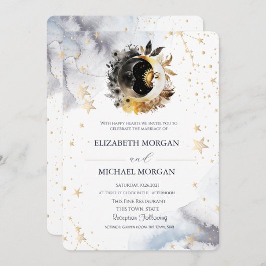 Invitation Soleil, Lune, Etoiles Fleurs Mariage (Devant / Derrière)