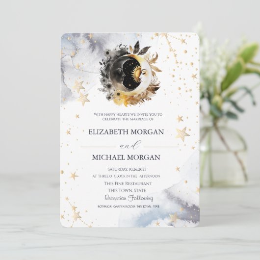 Invitation Soleil, Lune, Etoiles Fleurs Mariage (Debout devant)