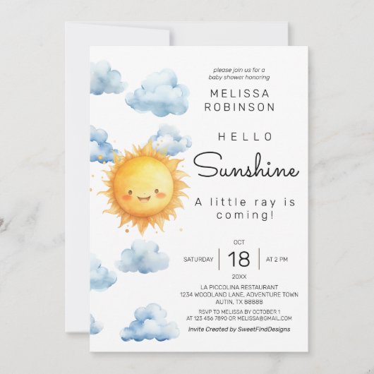 Invitation Soleil Nuages Bébé Garçon Douche (Devant)