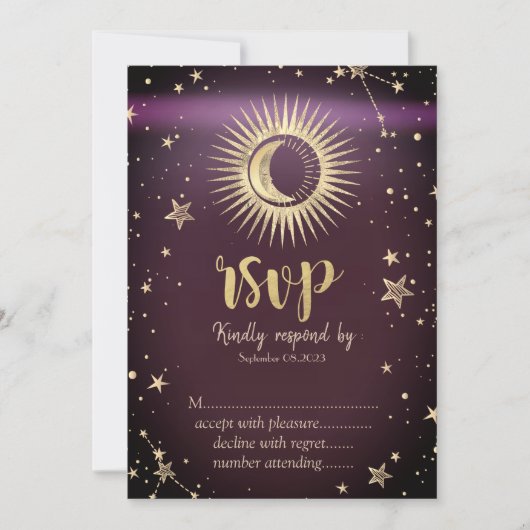 Invitation Soleil Or Céleste Et Étoiles Lune Bourgogne RSVP (Devant)