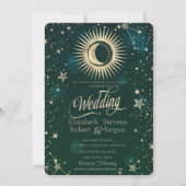 Invitation Soleil Or Céleste Et Étoiles Lune Mariage Vert (Devant)
