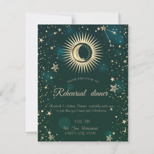 Invitation Soleil Or Céleste Et Étoiles Lune Vert (Devant)