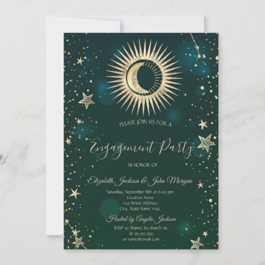 Invitation Soleil Or Céleste Et Étoiles Lune Vert (Devant)