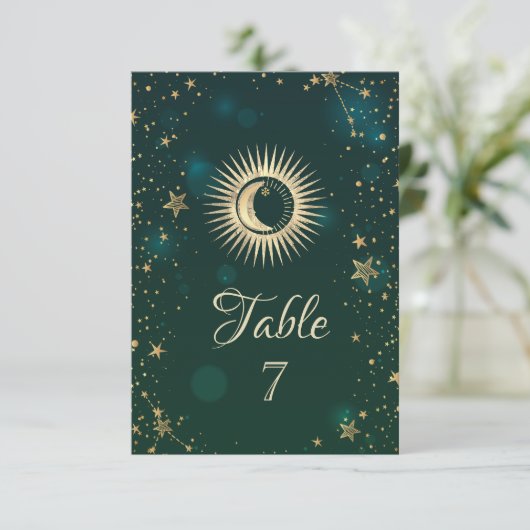 Invitation Soleil Or Céleste Et Étoiles Lune Vert (Debout devant)