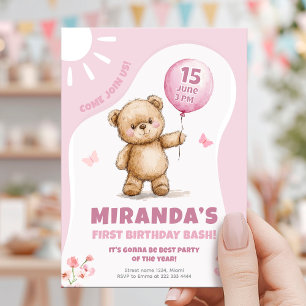 Invitation Soleil Ours rose Balloon Premier anniversaire