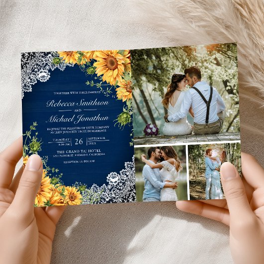 Invitation Soleils Rustiques Mariage Code QR Bois Bleu Marine