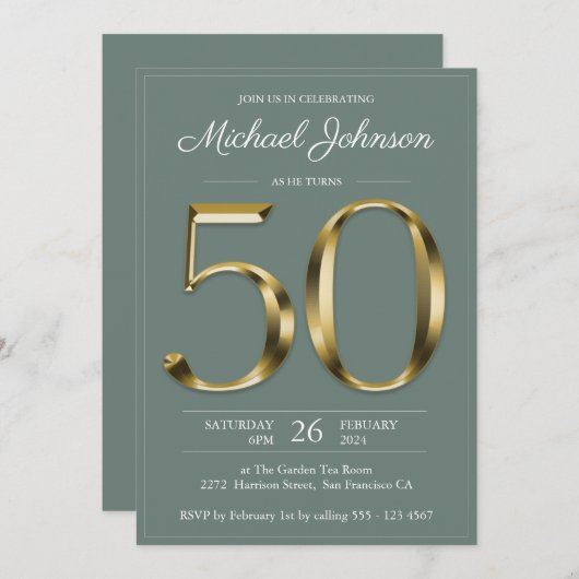 Invitation Solid Gold 50e anniversaire Sage Green Classy Part (Devant / Derrière)