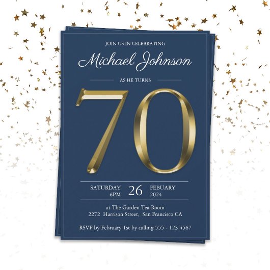 Invitation Solid Gold Text Marine Blue Classy 70e anniversair
