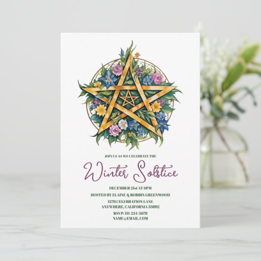 Invitation Solstice d'hiver Floral Yule Pentacle Pagan (Debout devant)