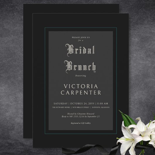 Invitation Sombre gothique Minimal Noir et Turquoise Brunch n