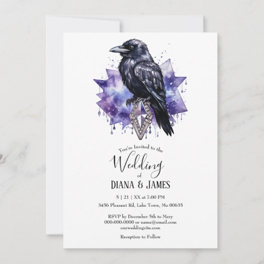 Invitation Sombre gothique violet corbeau et Mariage diamant (Devant)