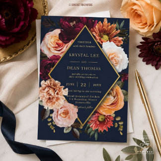 Invitation Sombre Mariage Burgundy Orange Floral Navy