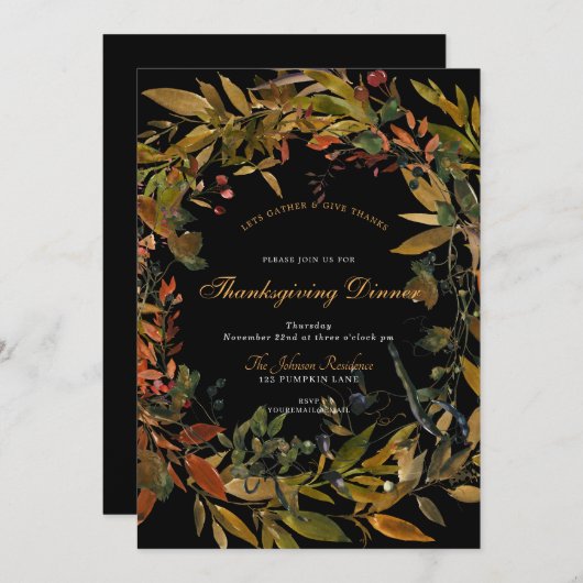 Invitation Sombre Noir Rustique Wreath Thanksgiving Diner Inv (Devant / Derrière)